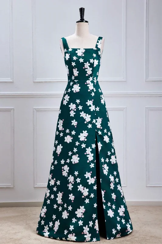 Closeout Sale ashionable dressGreen Floral Prints A-line Long Bridesmaid Dress with Slit