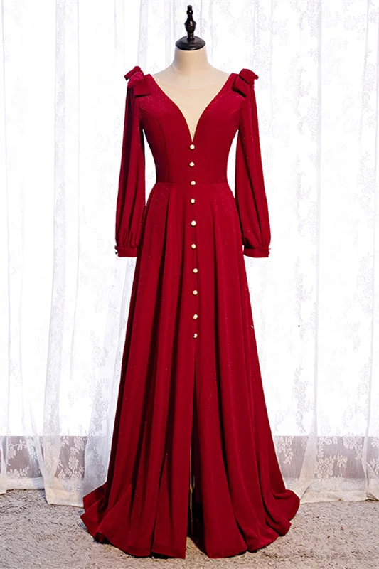 Year-End Sale fitted bodycon dressRed V Neck Long Sleeves Lace-Up Back Maxi Formal Dress with Bows
