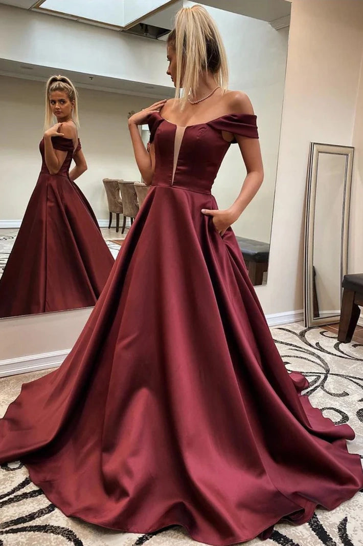 Stock Up and Save off-the-shoulder dressElegant Satin A-Line Off-Shoulder Sleeveless Prom Party Dress