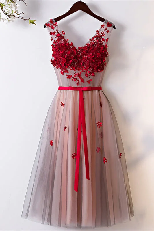 Unmissable Offer textured dressGrey V Neck 3D Red Appliques Sleeves Knee Length Formal Dress with Sash Unmissable Offer textured dressGrey V Neck 3D Red Appliques Sleeves Knee Length Formal Dress with Sash