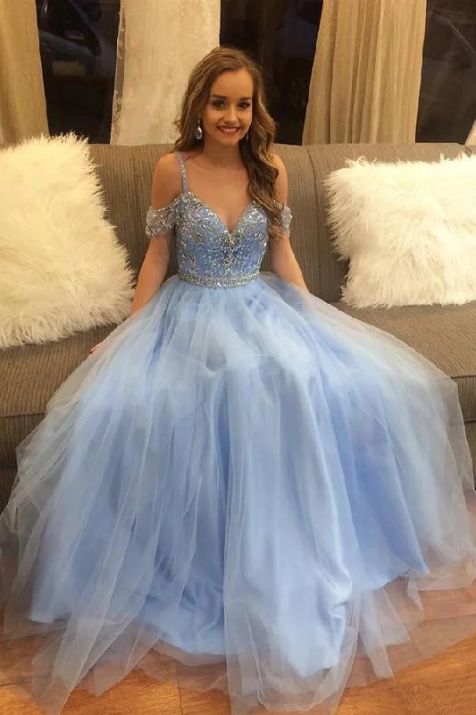 Super Bargain Gorgeous Blue Tulle A Line Puffy Beaded Long Prom Dress, Graduation Dress GJS181