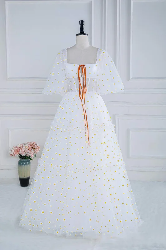 Price Cut playful dressWhite Daisy Embroideries Puff Sleeves Ruffled Long Prom Dress
