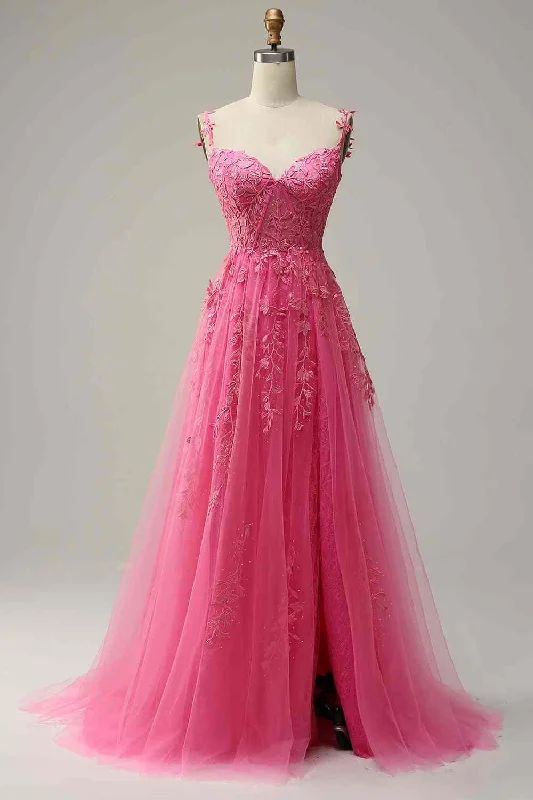 Price Reduction tiered dressFuchsia Dark Navy A-line Spaghetti Straps Tulle Lace Boning Long Prom Dress