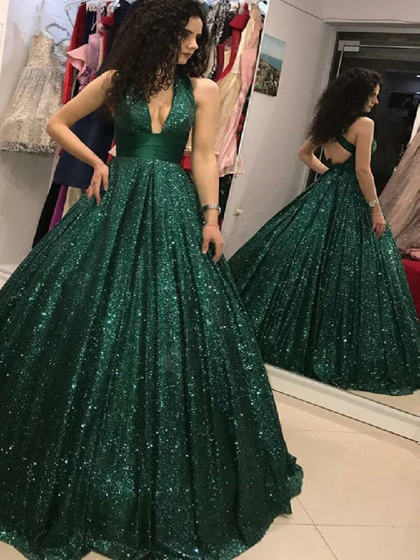 Deal Mania Open Back Prom Dresses V-neck A-line Long Dark Green Prom Dress Sexy Evening Dress JKL1552