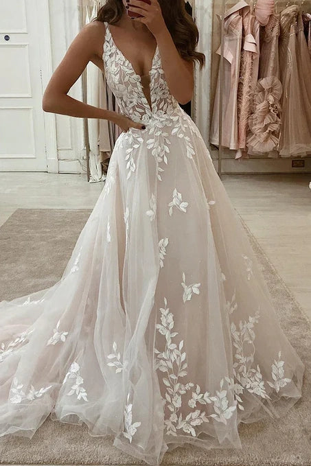 Quick Sale summer floral dressTulle A-Line V-Neck Lace Appliques Wedding Dress