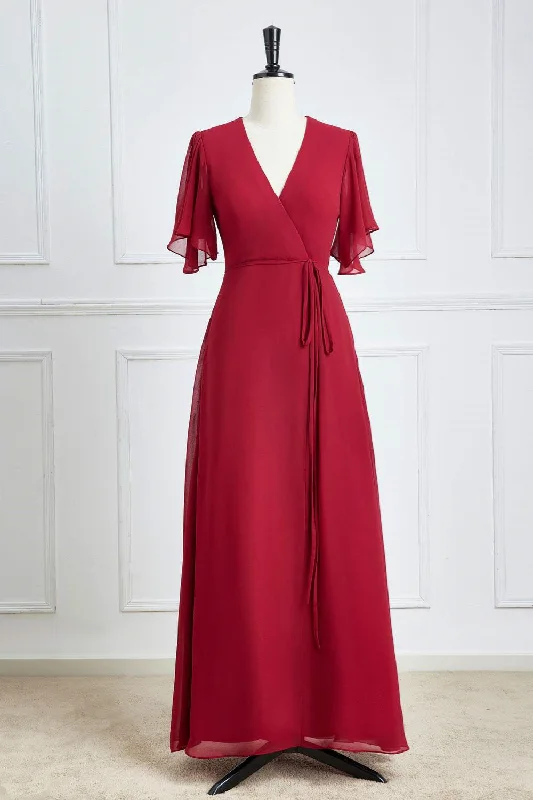 Deep Discounts oversized dressWine Red Flaunt Sleeves Surplice A-line Long Bridesmaid Dress with Sash Deep Discounts oversized dressWine Red Flaunt Sleeves Surplice A-line Long Bridesmaid Dress with Sash