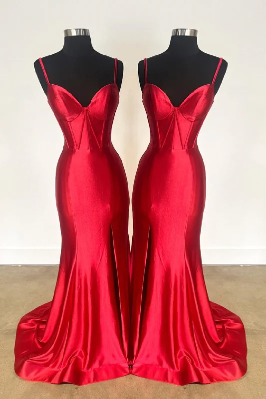 Extra Savings backless dressRed Mermaid Satin Spaghetti Straps Long Prom Dress with Slit
