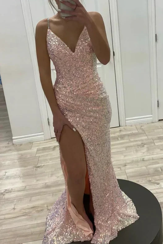 Savings Spectacular elegant maxi dressFully Sequins V-Neck Spaghetti Straps Prom Dress With Side Slit