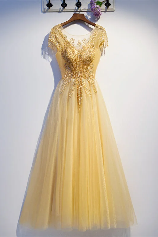 Huge Discounts wool dressYellow A-line Illusion Neck Embroidery Tea Length Formal Dress with Beading Huge Discounts wool dressYellow A-line Illusion Neck Embroidery Tea Length Formal Dress with Beading