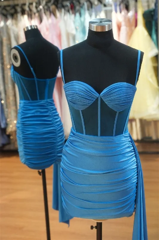 Final Clearance satin midi dressBlue Spaghetti Straps Ruched Bodycon Homecoming Dress
