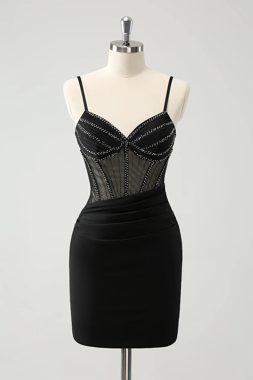 Exclusive Preview trendy wrap dressSatin Fitted Sweetheart Spaghetti Straps Sheer Beaded Homecoming Dress