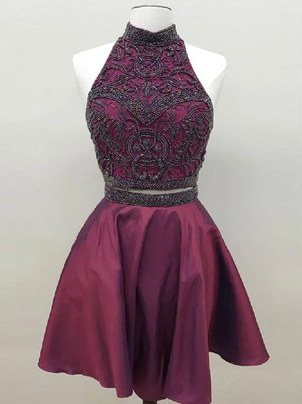 Price Blitz Two Piece Homecoming Dresses High Neck Beading Taffeta Short Prom Dress Party Dress JK800