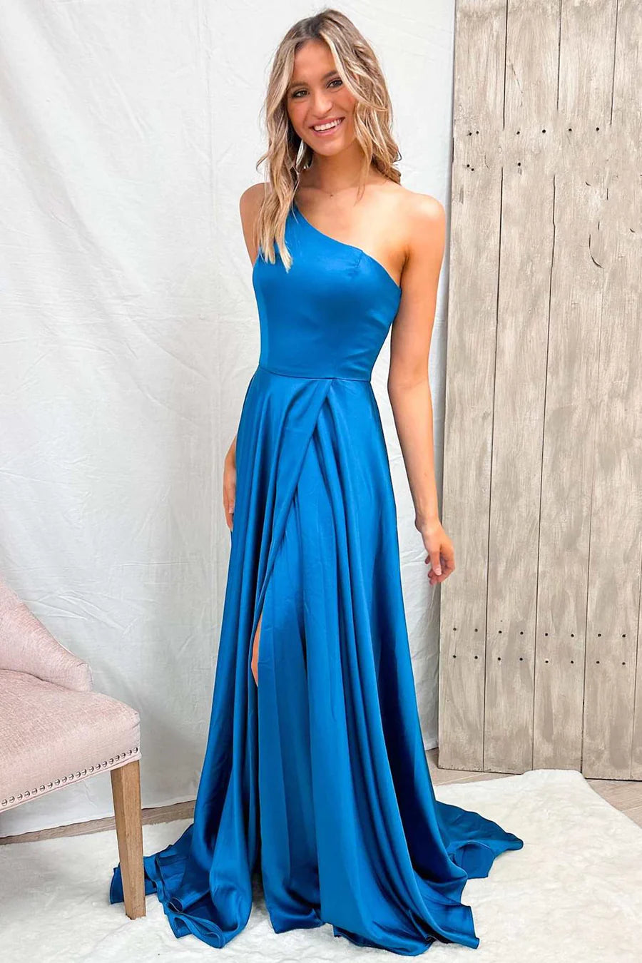 Hot Deal oversized dressSimple Satin A-Line One Shoulder With Side Slit Prom Dress