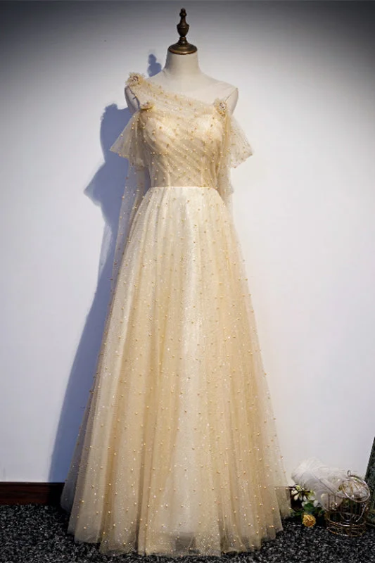 Don’t Miss Out midi dressLight Yellow A-line Off-the-Shoulder Pearl Beaded Appliques Long Formal Dress