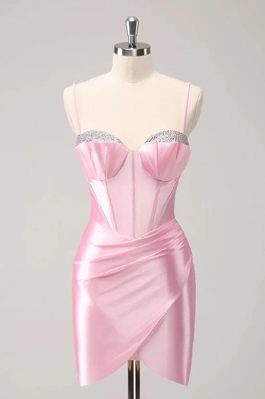 Sneak Peek Sale shift dressSparkly Pink Spaghetti Straps Tight Homecoming Dress with Beading