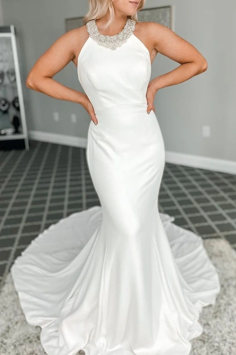 Huge Discounts tiered dressRound Sleeveless Open Back Satin Mermaid Wedding Dress