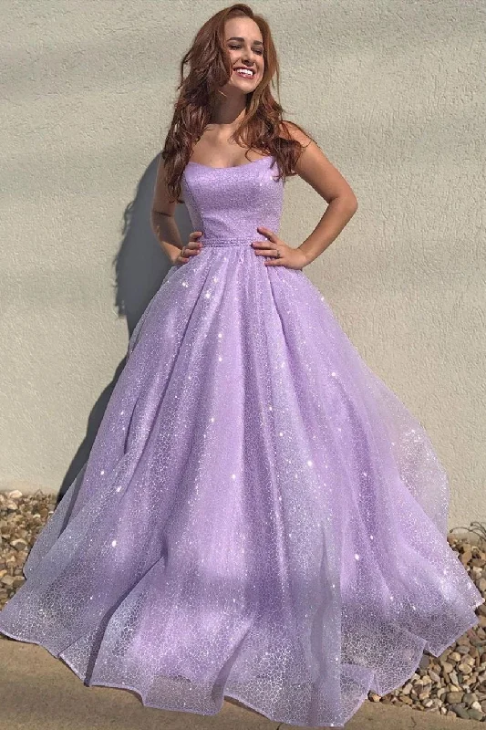 Blowout Sale Purple Sparkly Spaghetti Straps Lilac Long Prom Dresses With Sequins GJS234