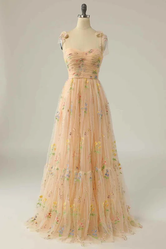 Extra Discounts cocktail dressChampagne A-line Tie Sheer Straps Pleated Tulle Applique Long Prom Dress