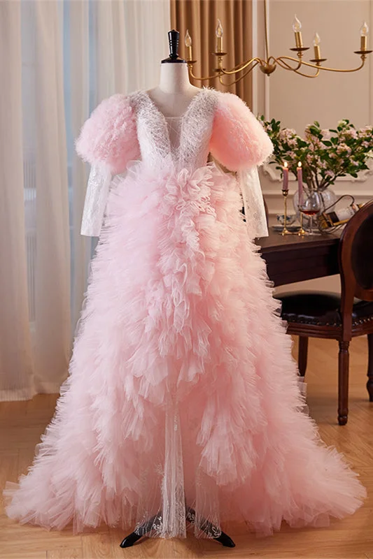 Deep Discounts statement dressPink Deep V Neck Lace Sleeves Ruffle-Layers Hi-Low Formal Dress with Feathers Deep Discounts statement dressPink Deep V Neck Lace Sleeves Ruffle-Layers Hi-Low Formal Dress with Feathers