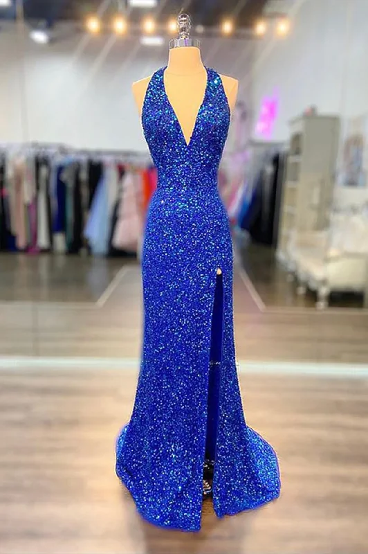 Reduced Prices casual slip dressHalter Neck Royal Blue Long Prom Dresses, Shiny Royal Blue Long Formal Evening Dresses Y124