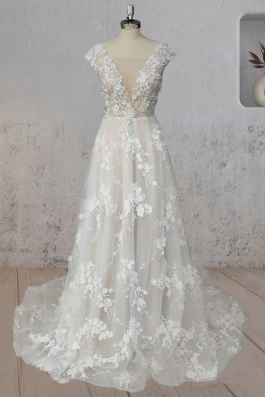 Daily Deals romantic dressA-Line Floral Lace Appliques V-Neck Long Wedding Dress