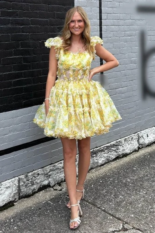 Inventory Reduction office dressChic Tulle A-Line Square Short Sleeves Appliques Homecoming Dress