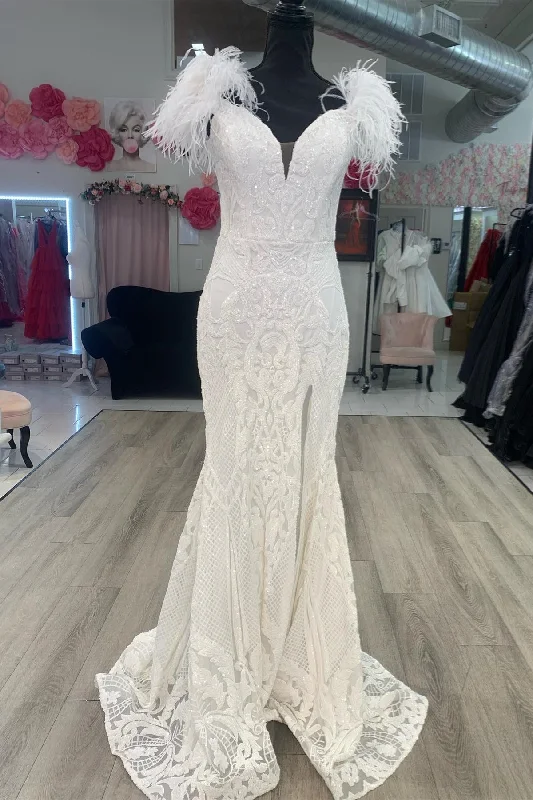 YEAR-End Clearance chic dressWhite Off-Shoulder Feathers Mermaid Sequined Long Prom Dress with Slit