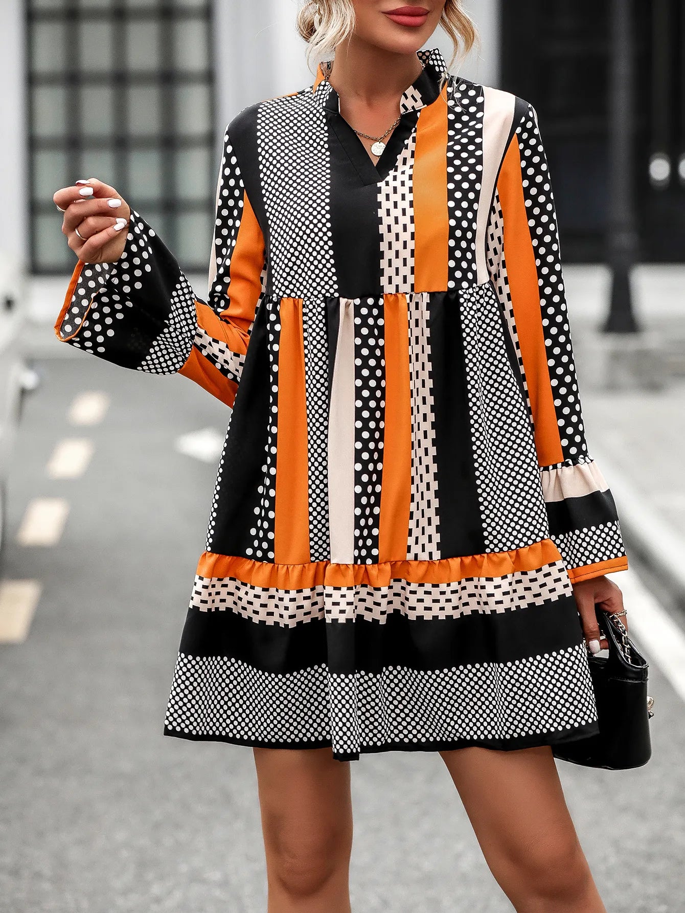 Warehouse Sale contemporary trench coatFinjani Women's Dress Striped & Polka Dot Print Patchwork Dresses Flounce Sleeve Ruffle Hem V-neck Smock Dress Autumn 2023 New