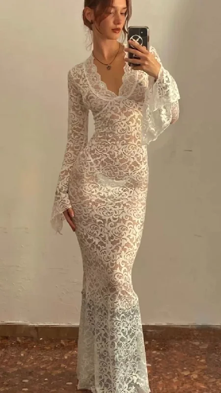 Buy More, Save More fitted dressElegant Lace See Through V-neck Maxi Sexy Dress,White Prom Dress  Y4608