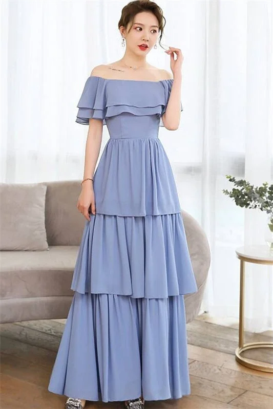 Stock Up and Save casual summer dressBlue Chiffon Tiered Bridesmaid Dress