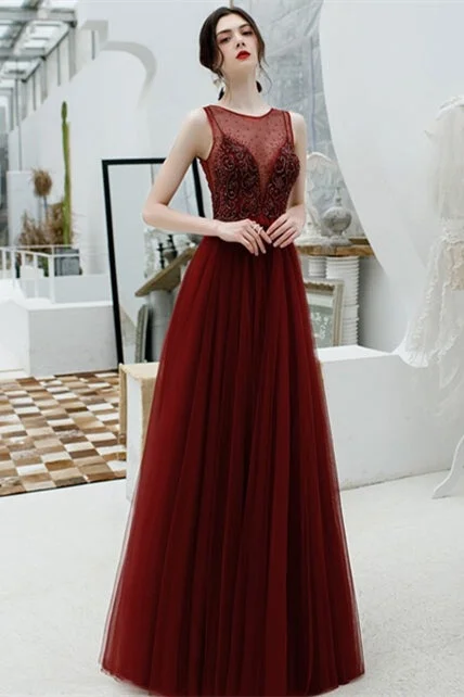 Anniversary Sale formal dressScoop A-line Wine Red Tulle Long Formal Dress