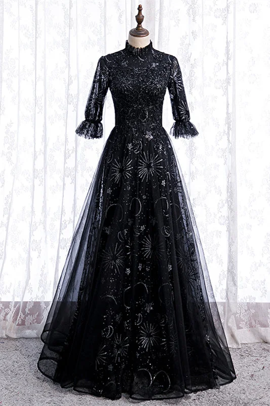 Midnight Madness cocktail dressHigh Neck Long Sleeves Beading-Embroidered Long Formal Dress