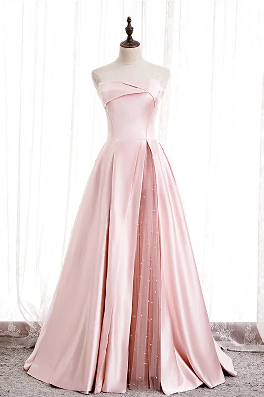 Best Deals v-neck dressPink Strapless Satin Lace-Up Pearl Beaded Maxi Formal Dress with Slit