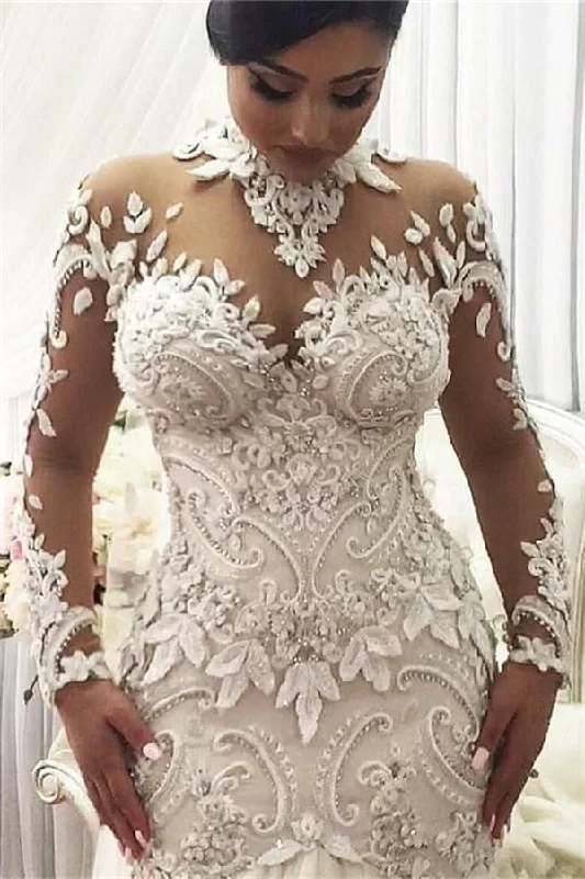 Don't Wait Modern Long Sleeves High Neck Lace Wedding Dress Bridal Gown