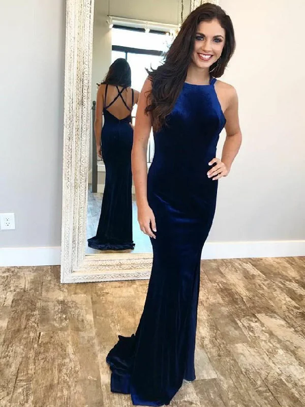 Deal Zone Open Back Prom Dresses Criss-Cross Straps Sheath Long Simple Velvet Sexy Prom Dress JKL1593