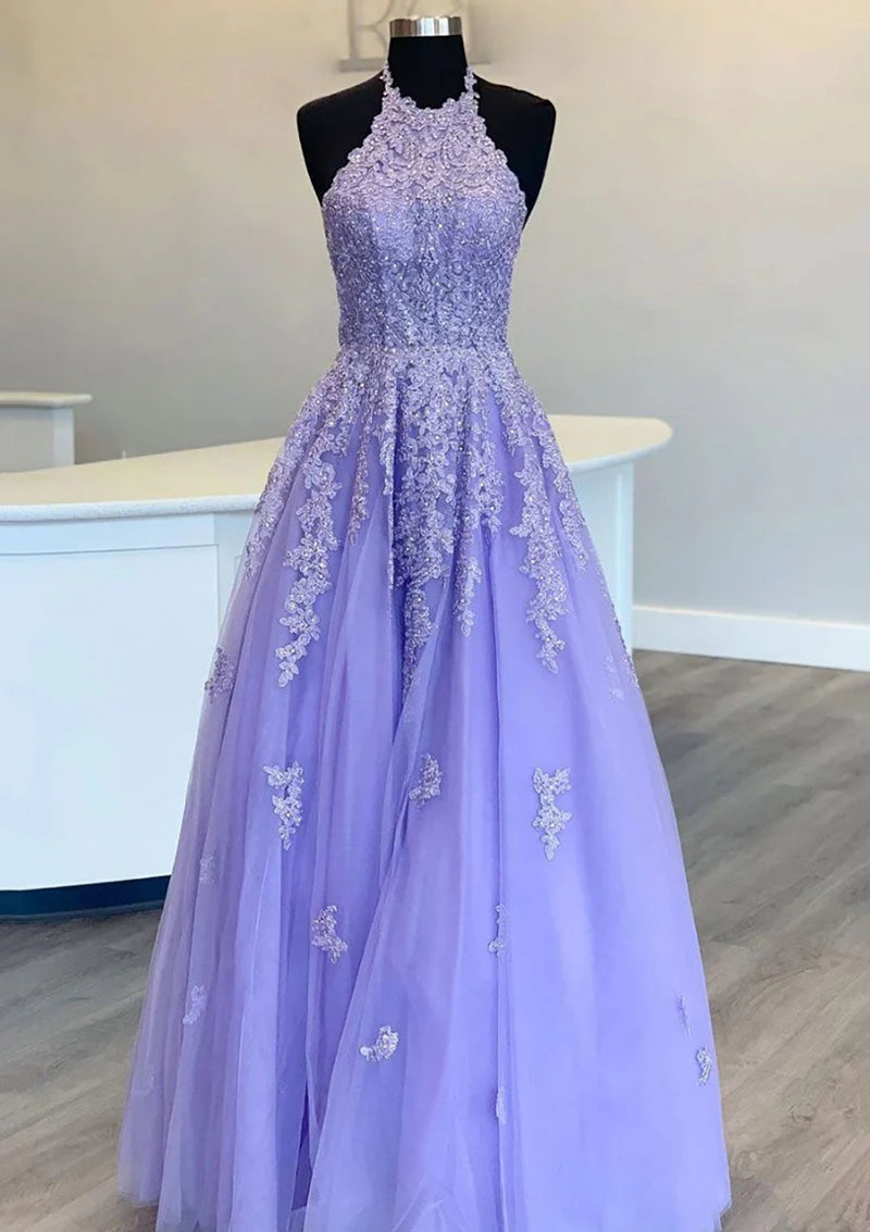 Special Buy one-shoulder dressChic Tulle A-Line High Neck Sleeveless Appliques Prom Dress