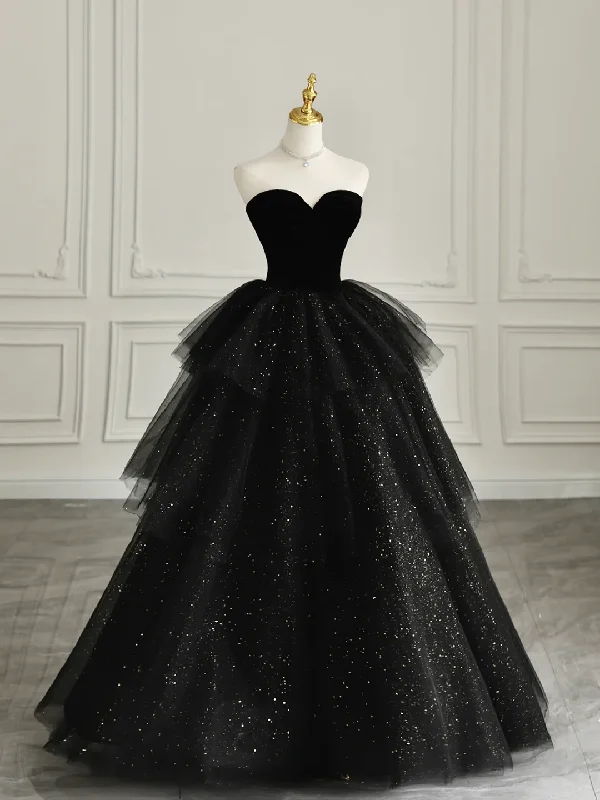 Price Fest office dressBlack Strapless Tulle Formal Dress with Velvet, A-Line Sweetheart Neck Long Prom Dress  Y4434