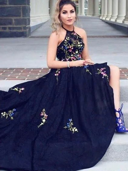 Savings Alert Black Prom Dresses Halter Aline Open Back Lace Sexy Open Back High Low Prom Dress JKL1630