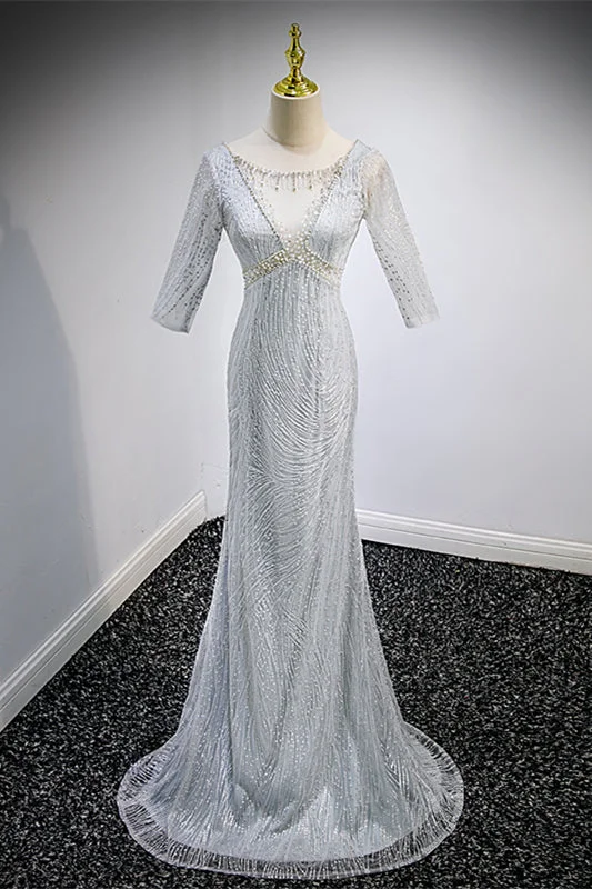 Flash Sale knit dressGrey Mermaid Illusion Neck Sleeves Beaded  Long Formal Dress