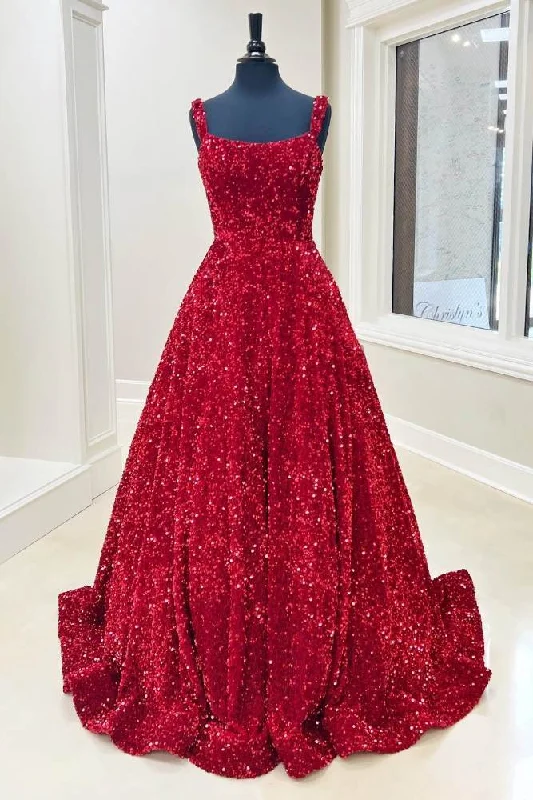 Lowest Price shift dressStraps Red Sequin A-Line Long Prom Dress