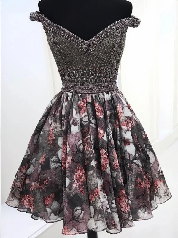 Discount Days Sparkly Homecoming Dresses A Line Floral Print Short Prom Dress Beading Party Dress JK878