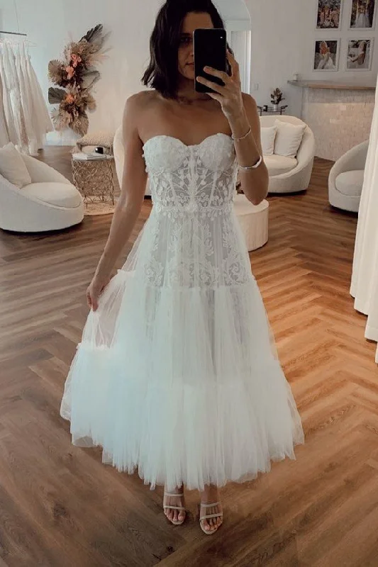 Stock Clearance Vintage White Strapless Short Summer Tulle Wedding Dress