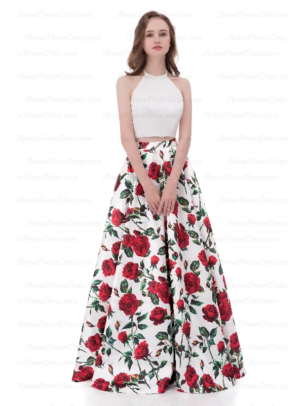 Super Savings Two Piece Prom Dresses A-line Floral Print Long Cheap Prom Dress Satin Evening Dress AX005
