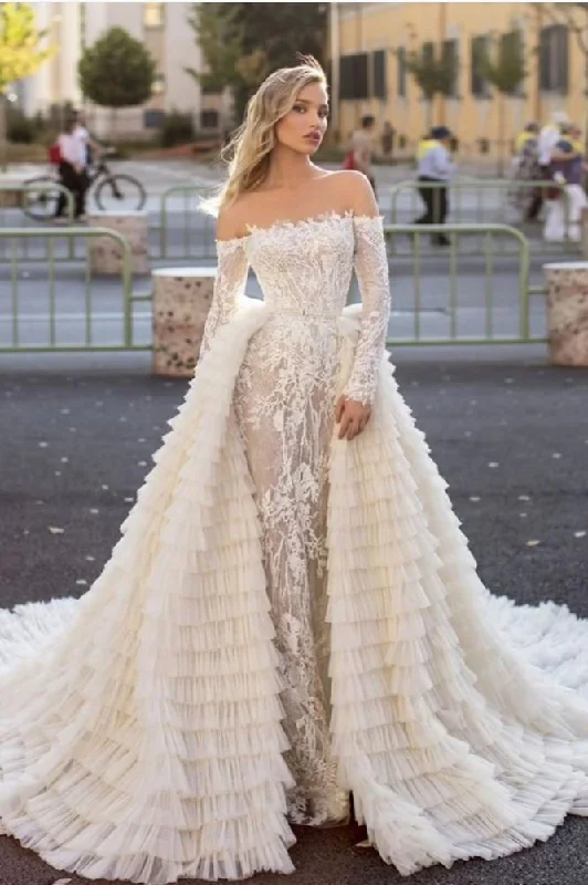 Limited Stock Off the Shoulder Wedding Gown Long Sleeves Floral Mermaid with Detachable Train