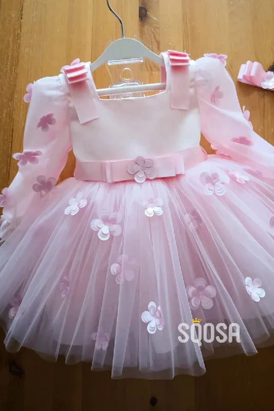 YEAR-End Clearance textured dressA-line Scoop Appliques Long Sleeves Cute Flower Girl Dress First Communion Dress QF1014