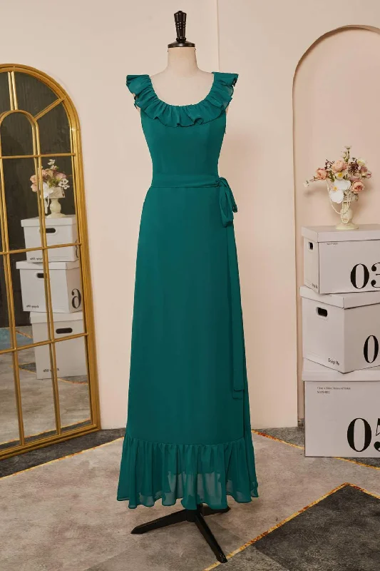 Crazy Deals silk dressTeal Chiffon Ruffled Neckline Sleeveless Long Bridesmaid Dress