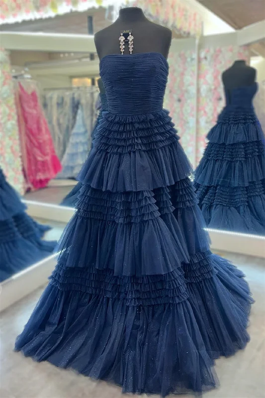 Act Fast boho-chic dressDark Navy Strapless Layers A-line Tulle Long Prom Dress