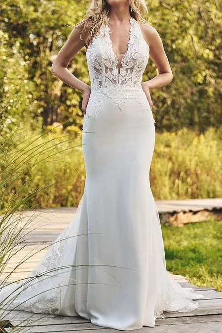 Extra Savings flowy maxi dressV-Neck Halter Open Back With Lace Train Wedding Dress