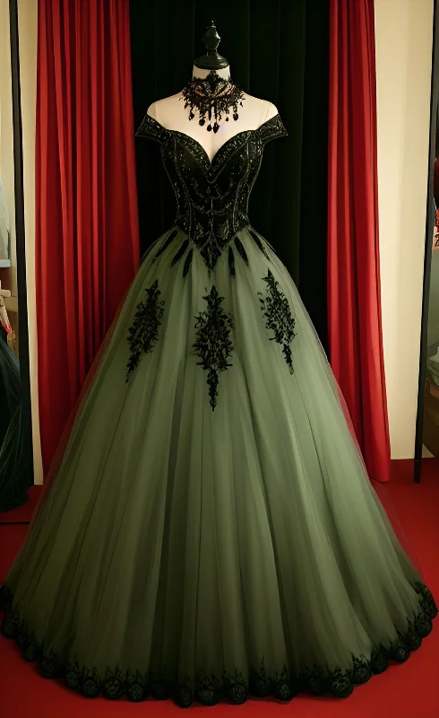 Flash Deals floral dressGothic A-line Tulle Prom Dress,Chic Formal Gown Y4470