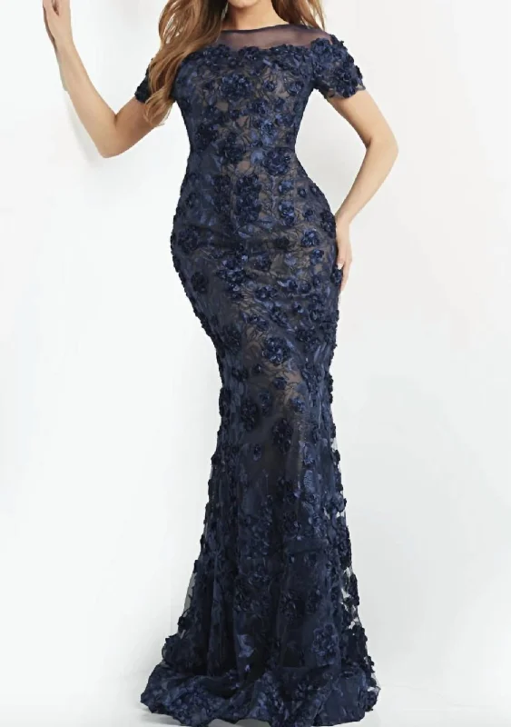 Super Bargain casual summer dress06863 Floral Illusion Neck Gown in Navy/Nude
